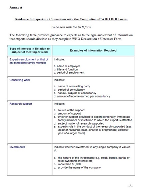 Annex A: Guidance to experts in connection with the completion of WHO DOI forms