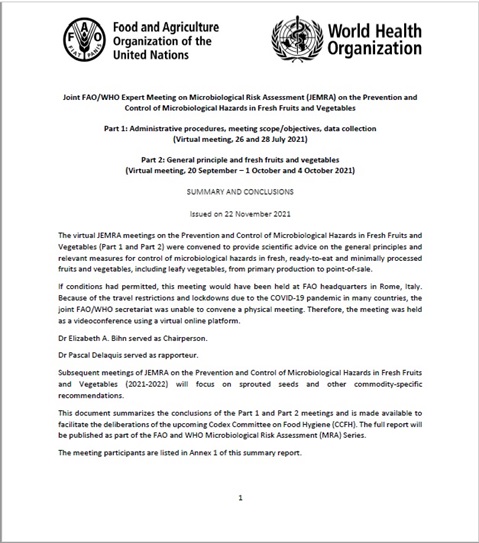 Joint FAO/WHO Expert Meeting on Microbiological Risk Assessment on the Prevention and Control of Microbiological Hazards in Fresh Fruits and Vegetables - Part 1 and Part 2