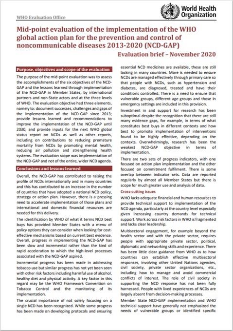 Mid-point evaluation of the implementation of the WHO
global action plan for the prevention and control of
noncommunicable diseases 2013-2020 (NCD-GAP): Evaluation brief – November 2020