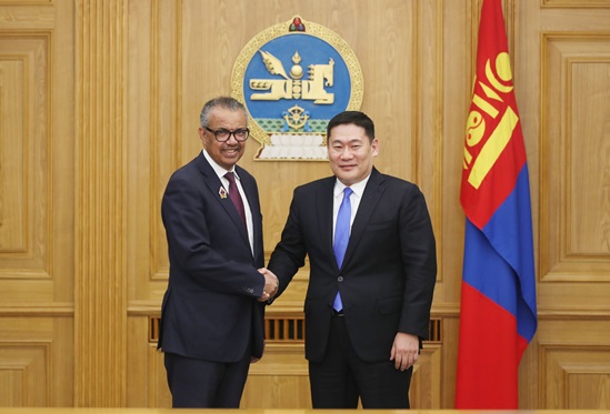 Dr Tedros meets with Prime Minister Luvsannamsrai Oyun-Erdene on 10 July 2023.